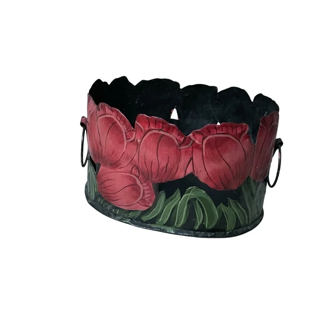 Vintage Boho Cutout Tole Metal Painted Tulips Planter Basket